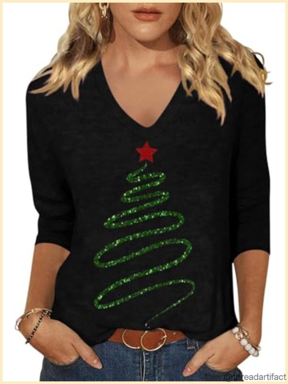 Womens Christmas 3/4 Sleeve V Neck Graphic Tee Holiday Party Shirt